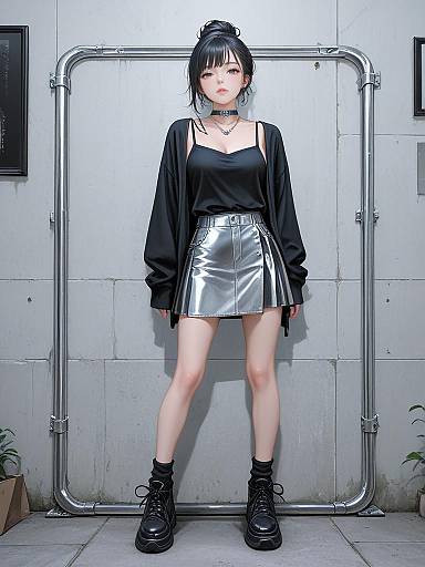 Photograph of a pale-skinned, black-haired woman with a bun, wearing a black crop top, silver pleated skirt, black choker,