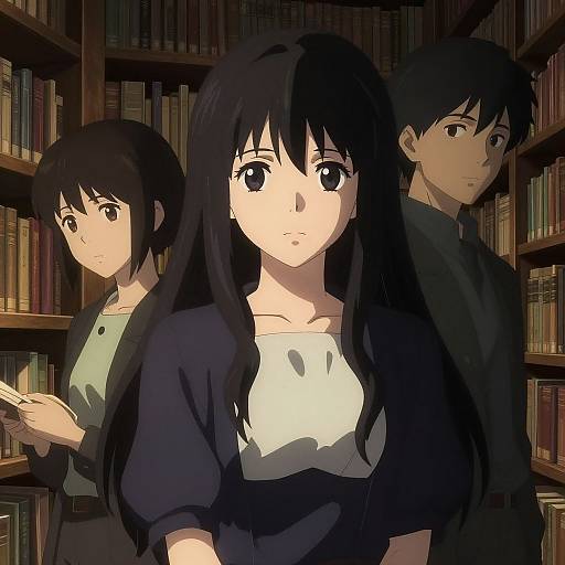 Digital anime-style illustration of three black-haired characters in a library. Foreground: long-haired girl, white shirt, black cardigan. Background: shorter