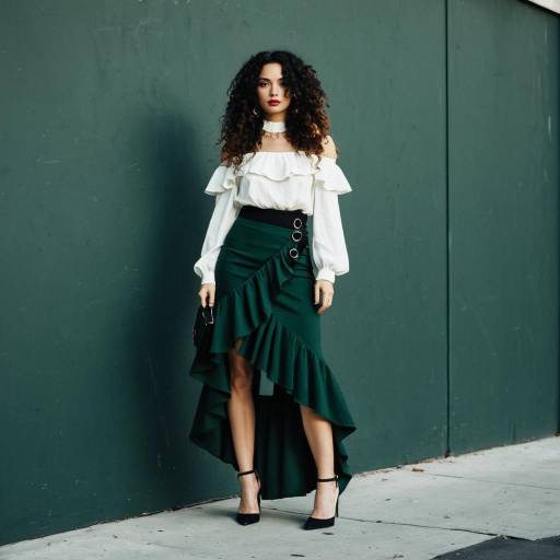 Curly Hair Woman in Elegant Ruffled Blouse and Asymmetrical Skirt