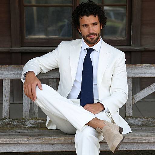 Photograph of a curly-haired, bearded man in a white suit with black tie, sitting casually on a weathered wooden bench.