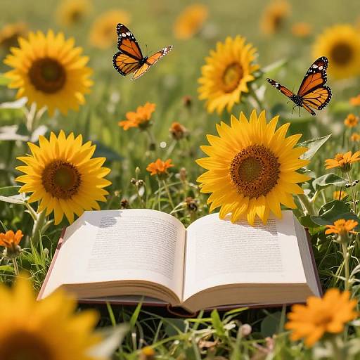 Photograph of an open book in a sunlit field of vibrant yellow sunflowers, with two orange and black butterflies hovering above.