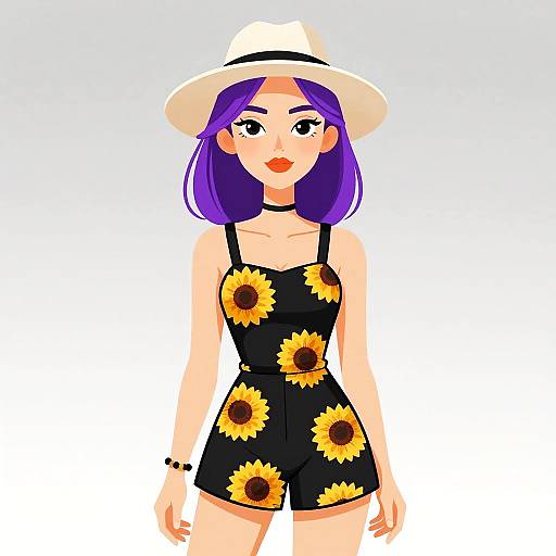 Digital illustration of a purple-haired woman in a black sunflower romper, white sunhat, black choker, and bracelet, standing against a gradient