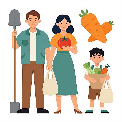 Digital illustration of a family: man with shovel, woman holding tomato and bags, boy with carrots and greens, orange carrot floating.