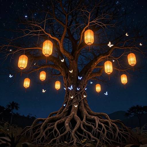 Photograph of a tree with glowing orange lanterns hanging from its branches, surrounded by fluttering white and blue butterflies, against a dark, starry