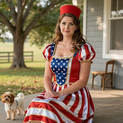 Photograph of a smiling woman with wavy brown hair, wearing an American flag-themed dress and red hat, sitting outside with two dogs.