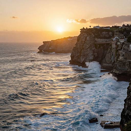 Photograph of a vibrant sunset over a rocky cliffside coastline, with foamy waves crashing against the shore, and houses perched on the cliff.