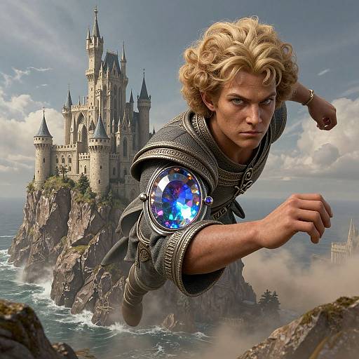 Digital artwork of a determined blond-haired man in medieval armor with a glowing blue gauntlet, leaping towards a towering castle on a rocky cliff against a