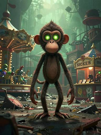 CGI image of a glowing-green-eyed, small, brown-furred monkey standing in a dark, debris-filled carnival with a broken carousel and 