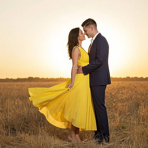 Elegant Sunset Engagement in Golden Field