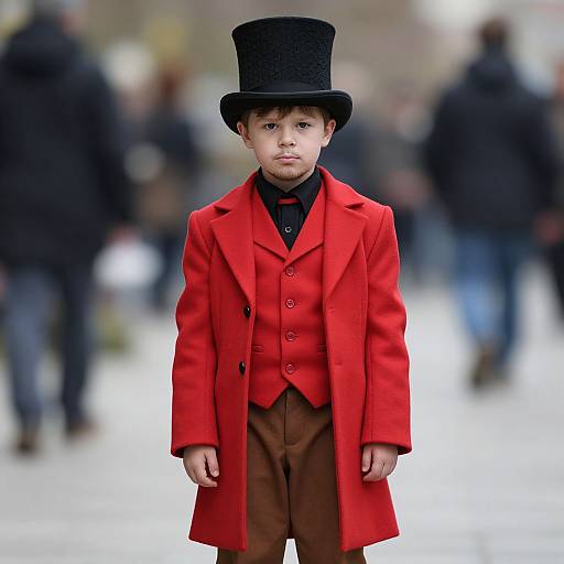 Photograph of a young boy in a bright red three-piece suit, black top hat, and black shirt, standing in a blurred urban street with people