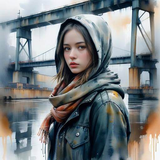 Watercolor Portrait of Young Woman Outdoors