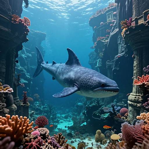 Photograph of a large, gray shark swimming through an underwater ruins scene, surrounded by colorful corals and various fish, in a sunlit, blue