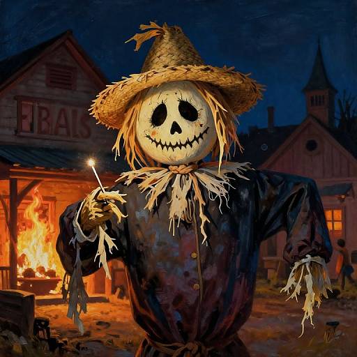 Digital painting of a creepy scarecrow with a smiling, black-eyed face, holding a matchstick, standing in a fiery, dark Western town.