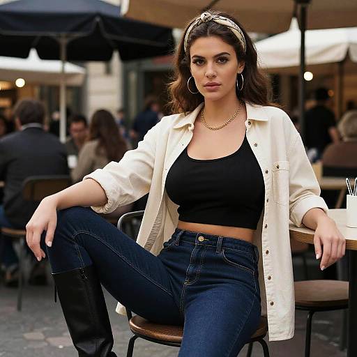 Photograph of a confident woman with dark hair, wearing a white shirt, black crop top, blue jeans, gold necklace, and hoop earrings, seated