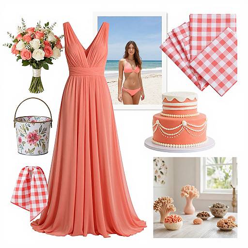 Photograph collage: coral gown, bikini, bouquet, checkered napkins, cake, bucket, beach photo, and decorative mushrooms, showcasing summer theme