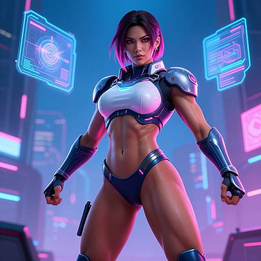CGI image of a muscular, dark-haired woman in futuristic armor with neon lights, white chest plate, and blue highlights, standing confidently in a cyber
