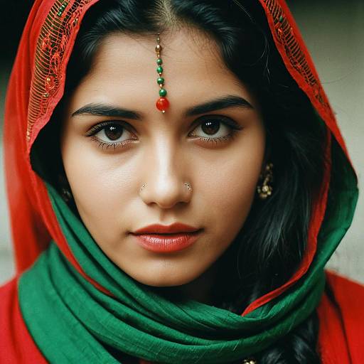 Photograph of an Indian woman with dark brown eyes, wearing a red and green hijab, red lipstick, nose piercing, and a green bindi