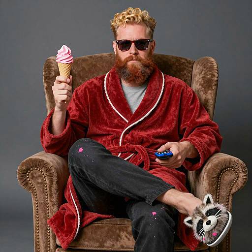Bearded Man in Red Bathrobe Holding Ice Cream