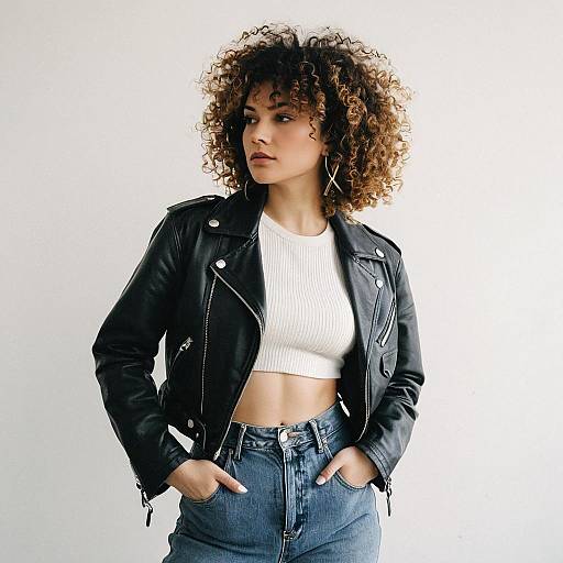 Fashion Influencer with Kinky Curls and Vintage Leather Jacket