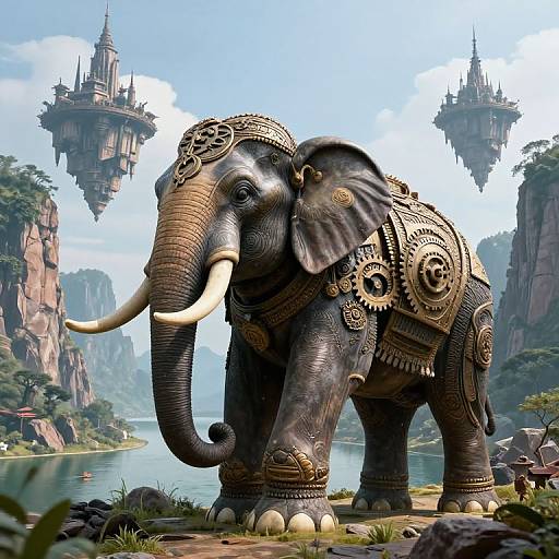 Majestic Mechanical Elephant in Surreal Landscape