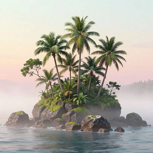 Photograph of a small, lush tropical island with tall palm trees, surrounded by calm water, rocks, and a misty, pastel sunset sky