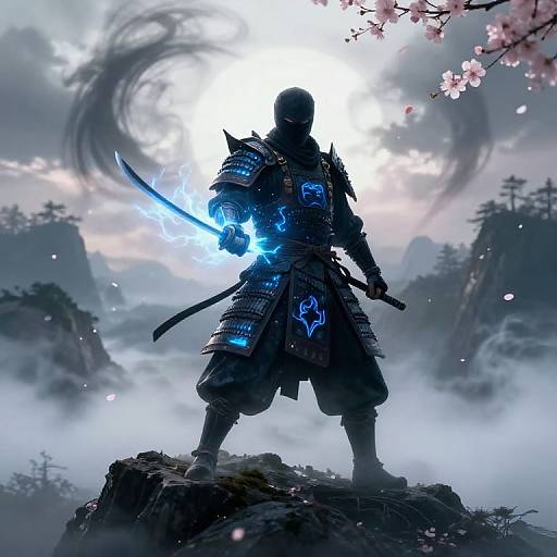 Silhouetted samurai warrior with glowing blue sword, standing on rock under cherry blossoms, misty mountain background, ethereal, fantasy digital
