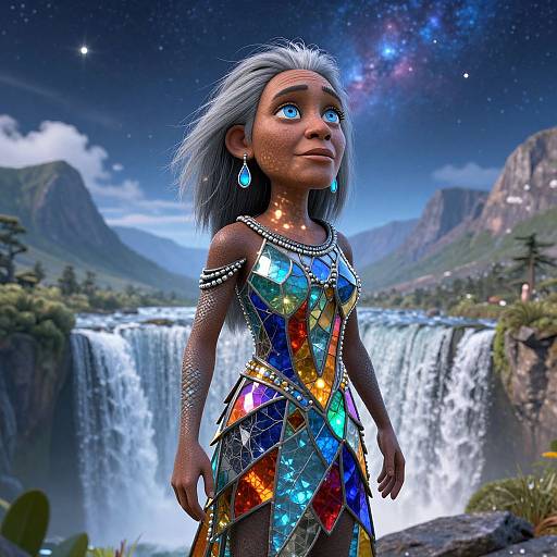 Digital art of a young, silver-haired woman with blue eyes, wearing a colorful, gemstone-patterned dress, standing before a majestic waterfall under a