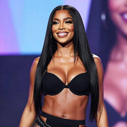 Photograph of a smiling woman with long black hair, wearing a black bra, showcasing her toned midriff, against a blurred blue and purple background