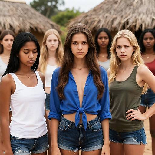 Diverse Young Women by Thatched Roof Huts