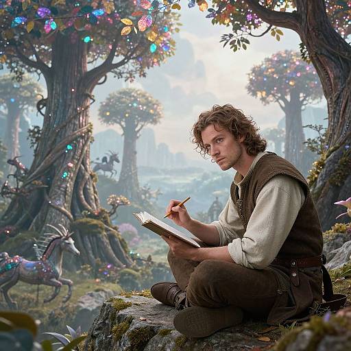 Magical forest scene: curly-haired man in medieval attire, writing in a book on a mossy rock, surrounded by glowing trees and mythical creatures.