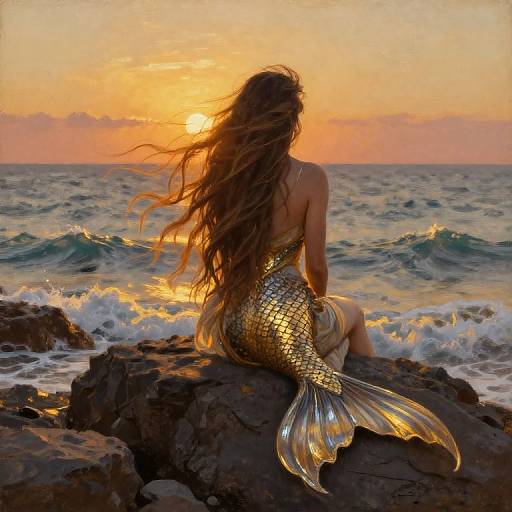 Photograph of a mermaid with long, flowing brown hair, golden scales, and shimmering tail, sitting on rocky shore at sunset, ocean waves