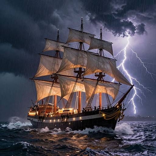 Photograph of a dramatic, illuminated, storm-tossed pirate ship with billowing sails, bright lightning strike, and raging stormy ocean in the background