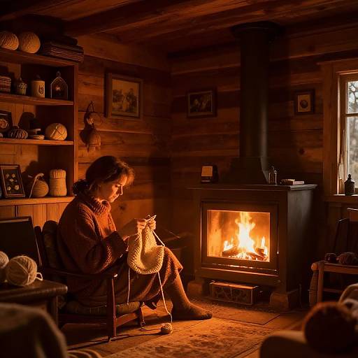 Photograph of a woman knitting by a cozy, lit wood-burning stove in a warmly lit, rustic wooden cabin, surrounded by shelves of knitted