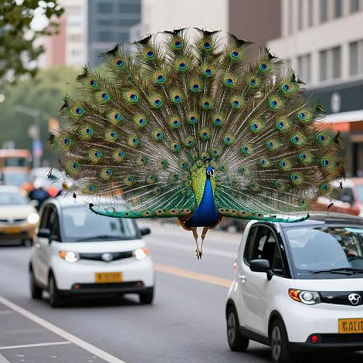Photograph of a vibrant peacock with a fully fanned-out tail of iridescent feathers standing on a busy city street, surrounded by white taxis