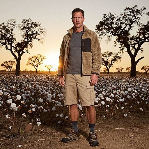 Photograph of a man in a brown jacket, grey shirt, beige shorts, and hiking boots standing in a sunlit cotton field at sunset, with