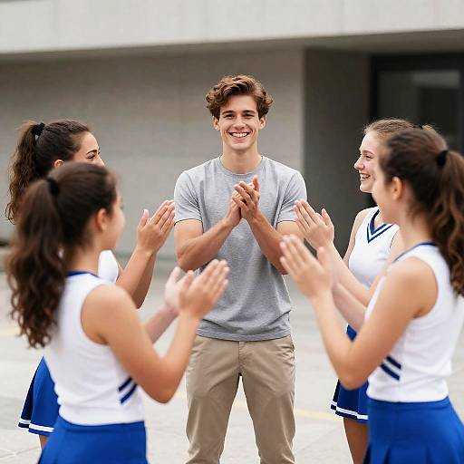Cheerful Cheerleaders Celebrating a Young Man