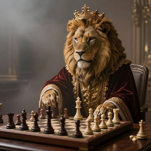 Digital art of a regal lion wearing a golden crown and velvet robe, playing chess in a grand, dimly lit room.