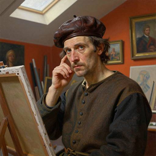 Photograph of a focused, middle-aged artist with pale skin, dark brown hair, and a brown beret, painting in a cluttered, orange