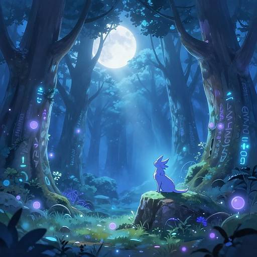 Digital painting of a blue, fox-like creature sitting on a rock in a glowing, moonlit blue forest, surrounded by bioluminescent orbs and