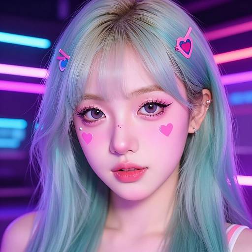 Digital portrait of an Asian woman with pastel blue hair, neon pink heart and arrow stickers on her face, glowing pink and blue background, wearing white