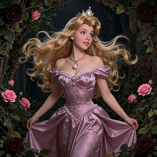 Digital illustration of a fairytale princess with long blonde hair, wearing a lavender satin off-shoulder gown and crown, surrounded by pink roses and
