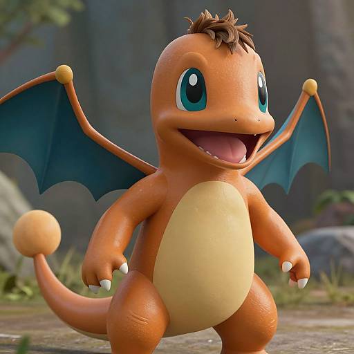 CGI image of a cute, cartoonish Charmander with a tuft of brown hair, large blue eyes, orange skin, blue wings,