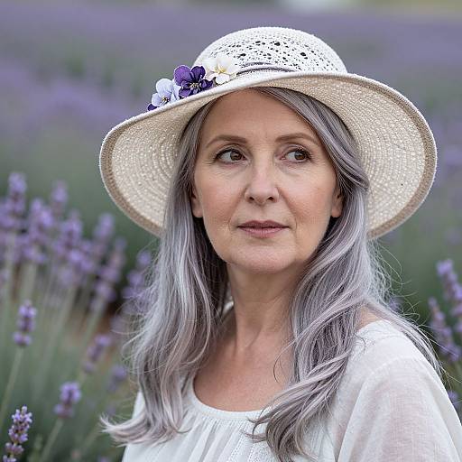 Photograph of an older woman with silver hair, wearing a white lace hat adorned with purple flowers, in a lavender field.