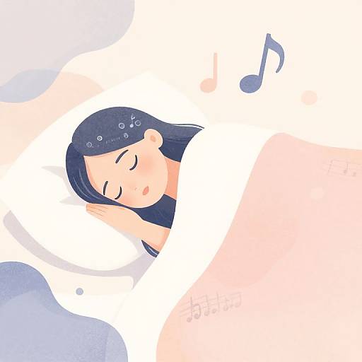 Digital anime-style illustration of a blue-haired girl with closed eyes sleeping, covered by a white blanket, with a musical note above.