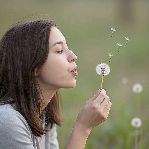 Photograph of a young woman with straight brown hair, light skin, and closed eyes, gently kissing a dandelion puff in a green, blurred