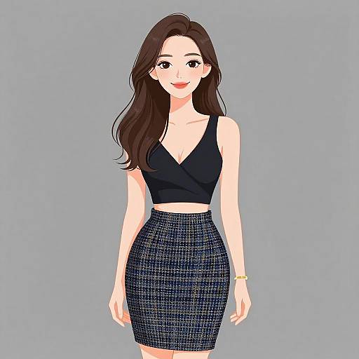 Digital illustration of a smiling woman with long brown hair, wearing a black crop top and blue plaid skirt, against a grey background.