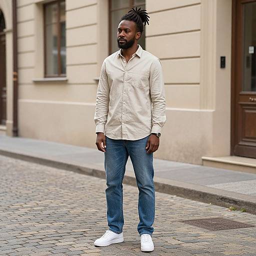 Man with Dreadlocks on Cobblestone Street