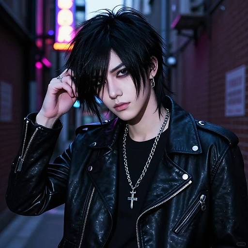 Photograph of an androgynous person with black hair, pale skin, wearing a black leather jacket and cross necklace, standing in a neon-l