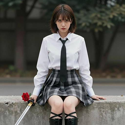 Asian Woman with Katana and Rose Sitting Outdoors