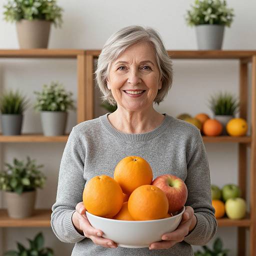 Photograph of smiling elderly woman with short gray hair, wearing gray sweater, holding white bowl of bright orange and red oranges, standing in front of wooden
